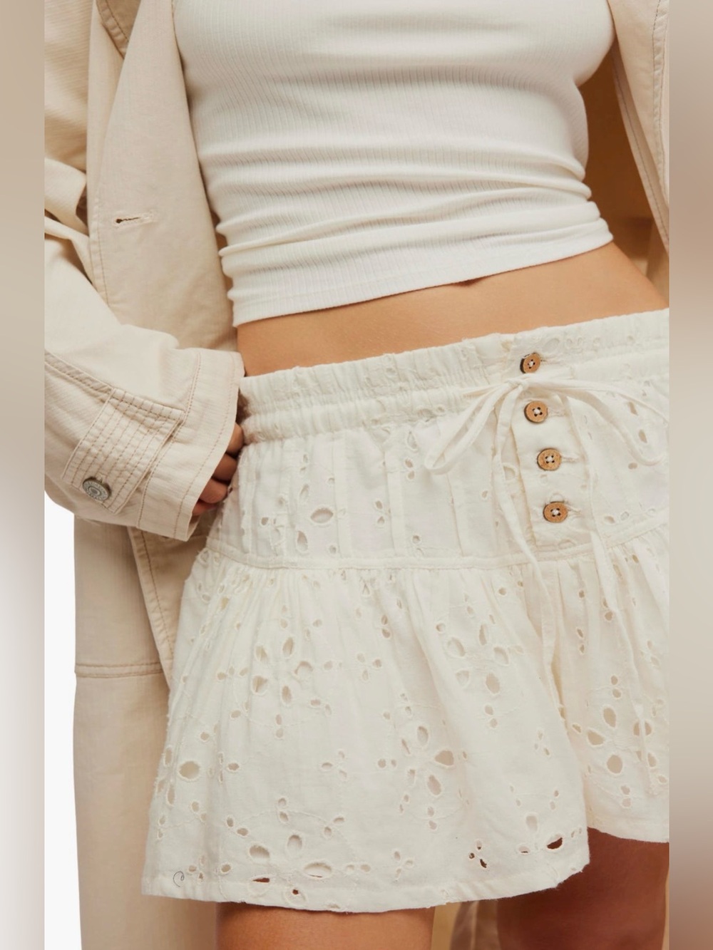 Free People Cream Eyelet Mini Skirt with Button Front